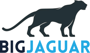 Big Jaguar logo featuring a silhouette of a jaguar above the text 'Big Jaguar' in black and blue font, representing a company specializing in influencer marketing